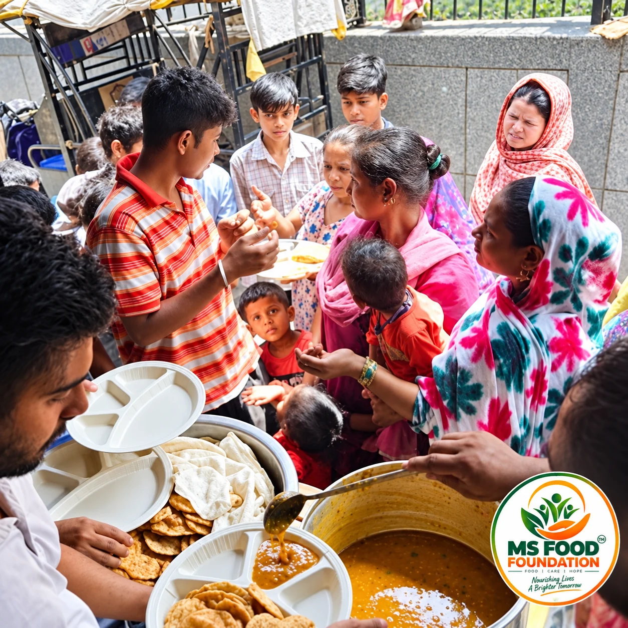 A community gathered around food support